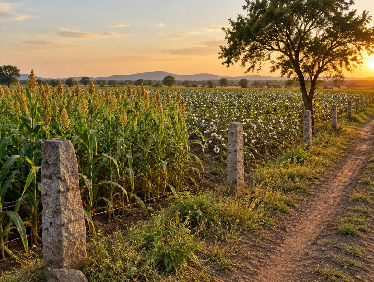Fenced farm plot with boundary stones and jowar fields near Parbhani, Maharashtra