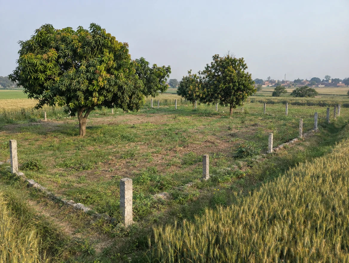 Fenced farm plot with boundary stones in Azamgarh district, Uttar Pradesh