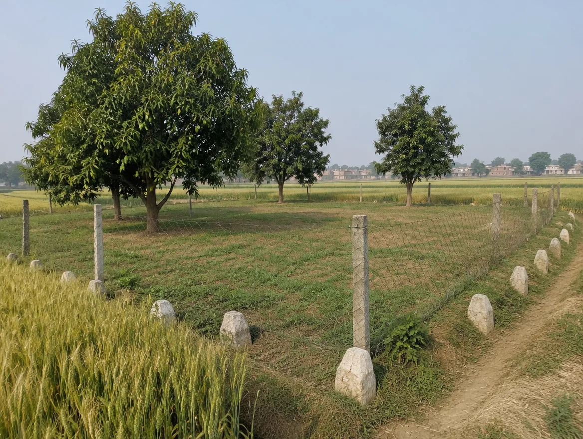 Fenced farm plot with boundary stones in Kushinagar district, Uttar Pradesh