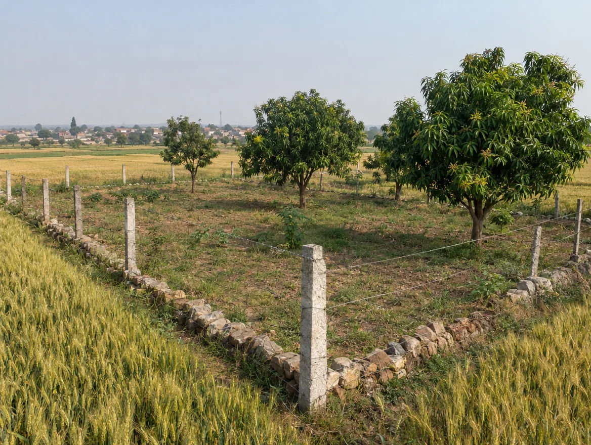 Fenced farm plot with boundary stones in Jhansi district, Uttar Pradesh