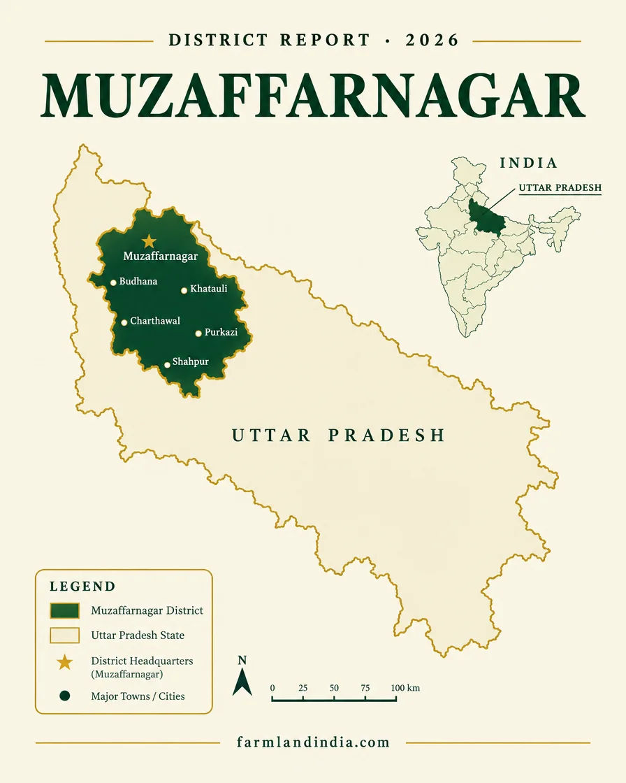 Locator map of Muzaffarnagar district in Uttar Pradesh showing the main towns and tehsils
