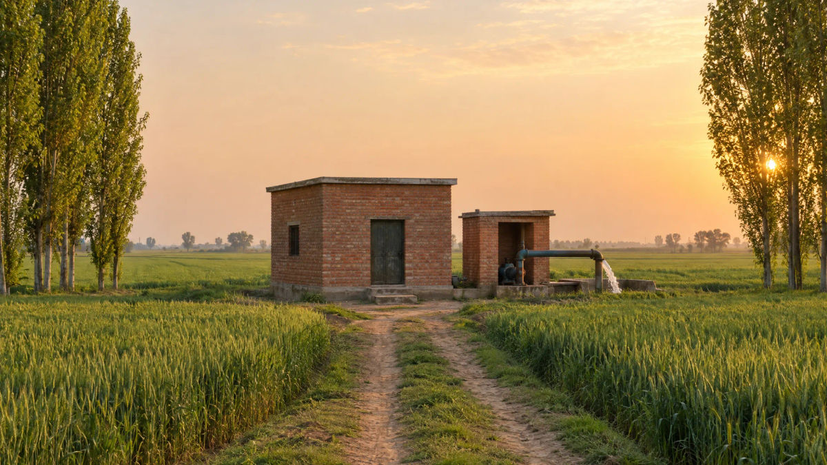 Agricultural land in rural Punjab with a brick tubewell pump house at the head of a green wheat field, framed by tall poplar rows.
