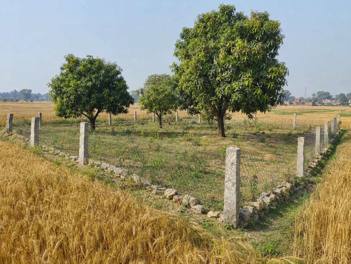 Fenced farm plot with boundary stones in Hardoi district, Uttar Pradesh