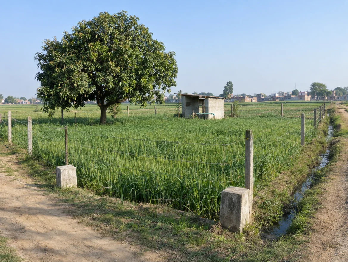 Fenced farm plot with boundary stones, a mango tree and wheat on the plains of Uttar Pradesh