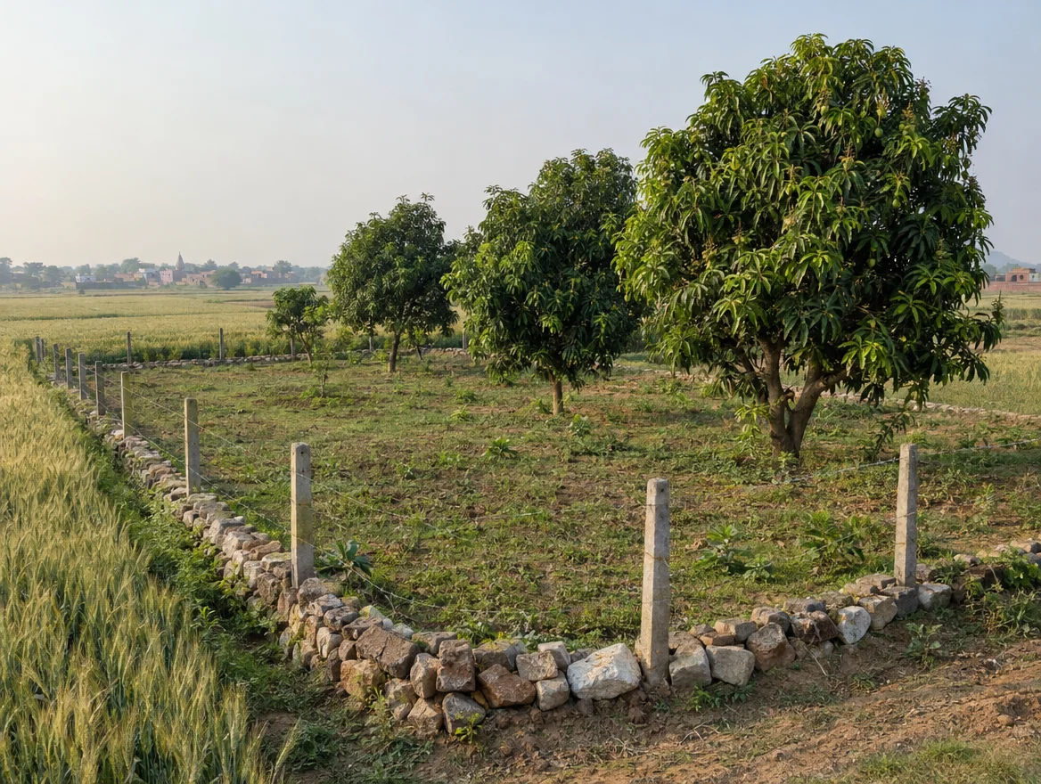Fenced farm plot with boundary stones in Varanasi district, Uttar Pradesh