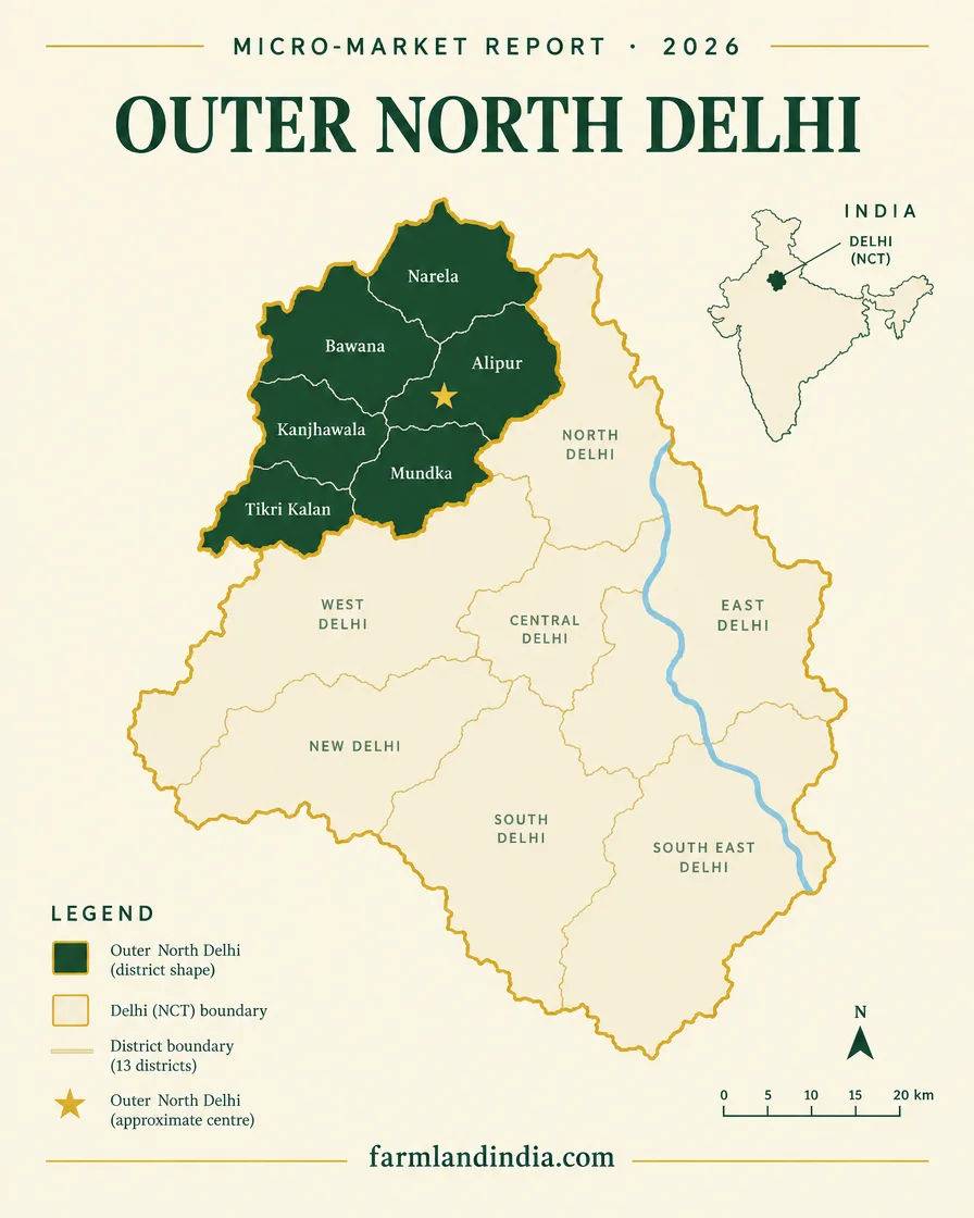Locator map of Outer North Delhi district in Delhi showing Narela, Bawana, Alipur, Mundka, Kanjhawala and Tikri Kalan