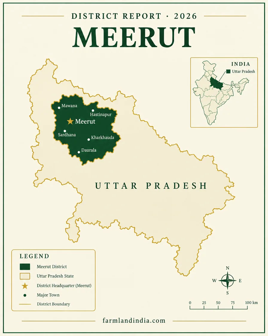 Locator map of Meerut district in Uttar Pradesh showing the main towns and tehsils