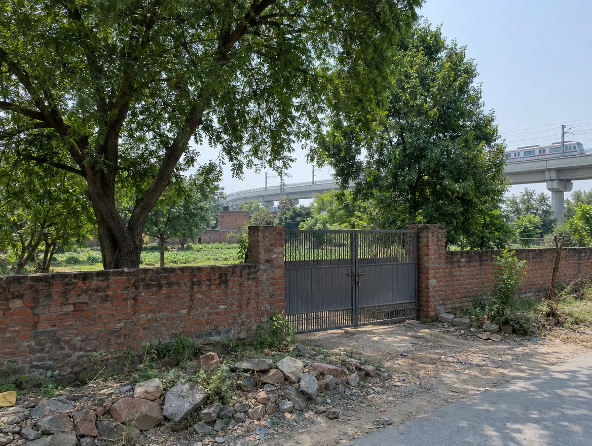 Gated farm plot at the edge of Ghitorni village, South Delhi