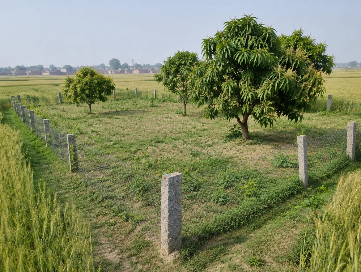 Fenced farm plot with boundary stones in Ballia district, Uttar Pradesh