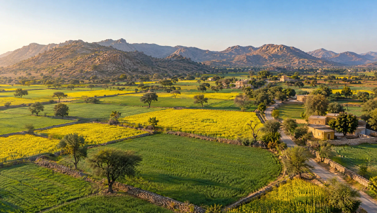 erial view of agricultural land in the Aravalli foothills near Jaipur, Rajasthan, with yellow mustard and green wheat fields, khejri trees and sandstone farmhouses.