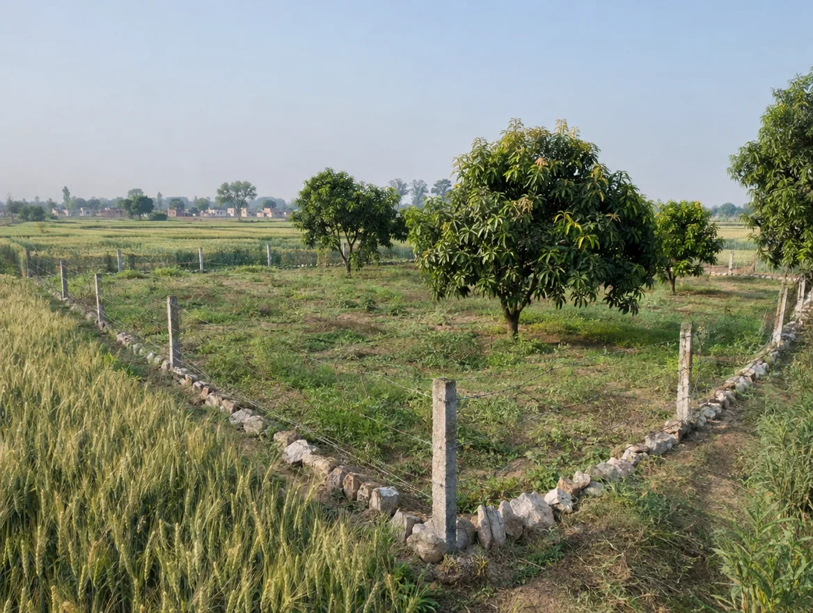 Fenced farm plot with boundary stones in Unnao district, Uttar Pradesh