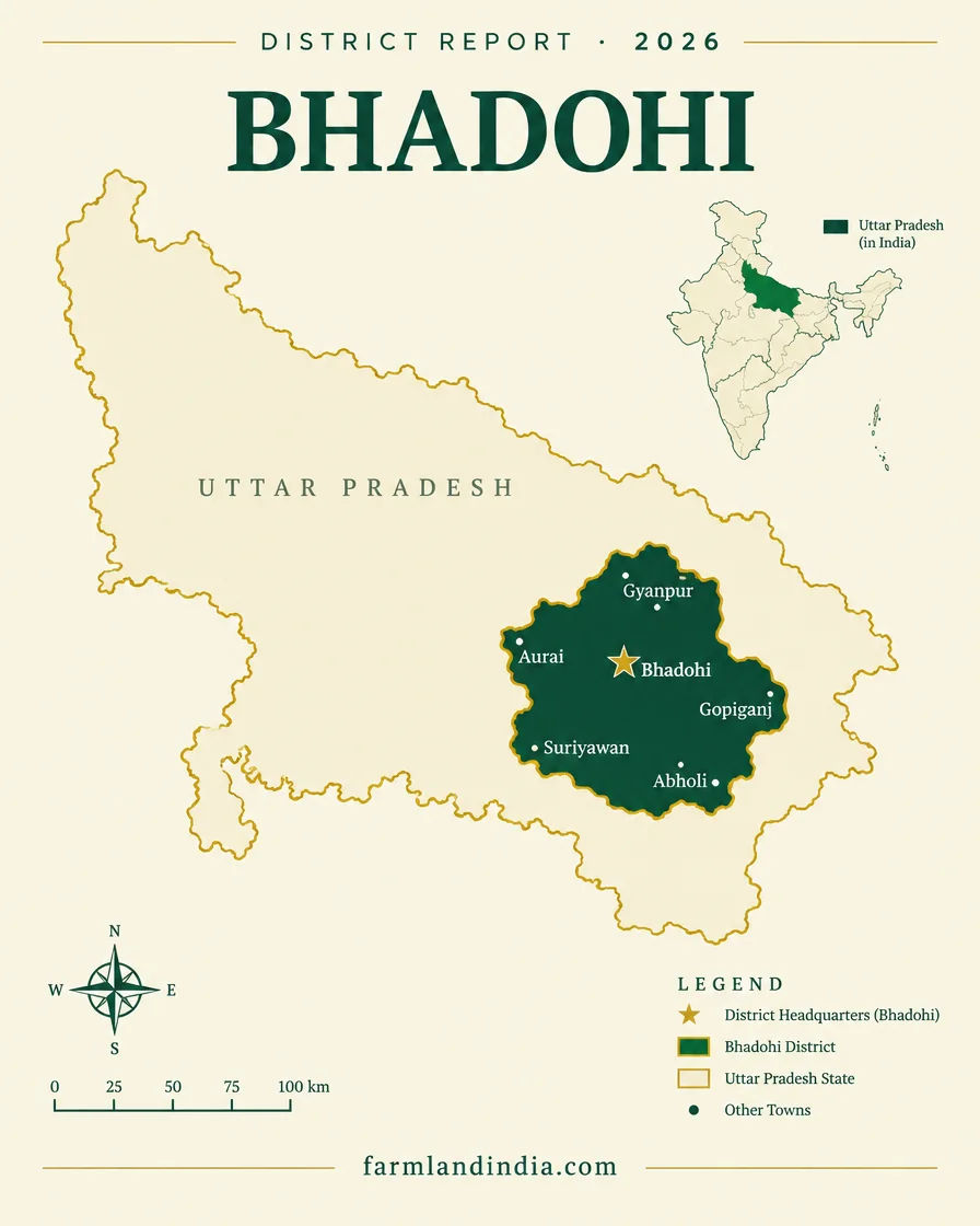 Locator map of Bhadohi district in Uttar Pradesh showing Bhadohi, Gyanpur, Aurai, Gopiganj, Suriyawan, Abholi