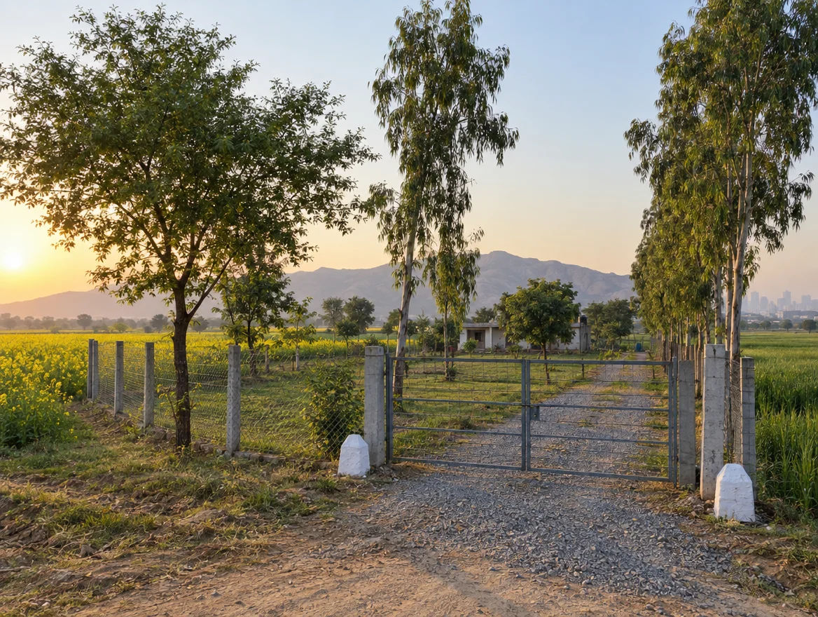Fenced farmhouse plot with boundary stones, neem trees and mustard fields on the outskirts of Delhi