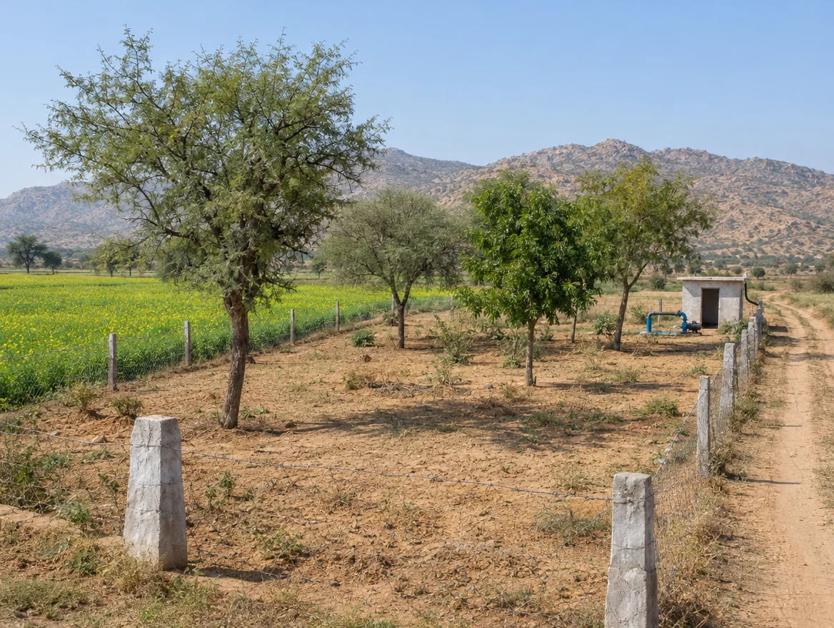 Fenced farm plot with boundary stones, khejri trees and a mustard field in Rajasthan