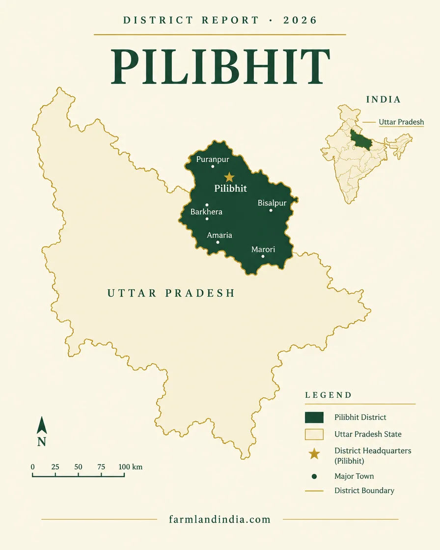 Locator map of Pilibhit district in Uttar Pradesh showing Pilibhit, Puranpur, Bisalpur, Barkhera, Amaria, Marori
