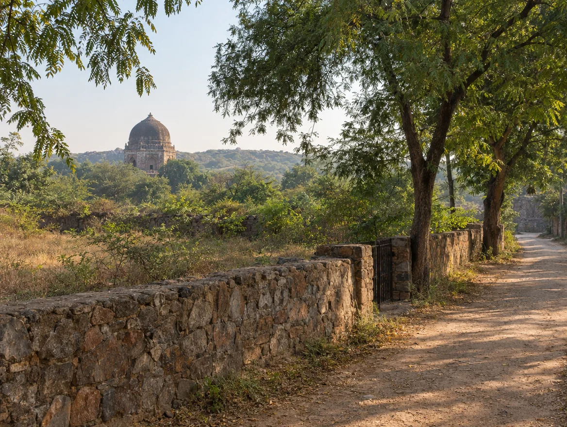 Walled plot beside Ridge scrub with a heritage dome in the distance, Mehrauli, South Delhi