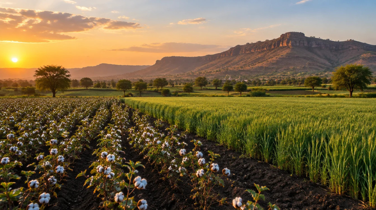 Cotton and wheat fields near Aurangabad (Chhatrapati Sambhajinagar), Maharashtra, with a rocky ridge in the distance