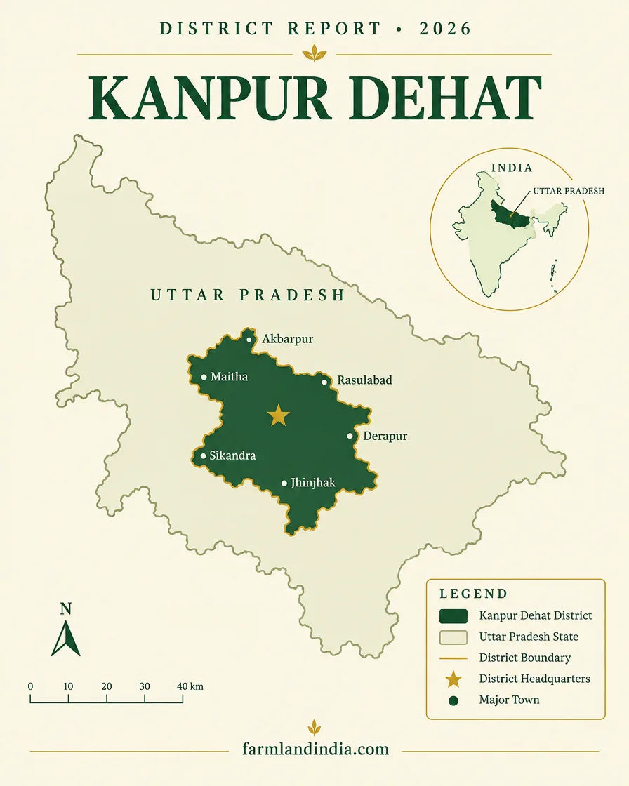 Locator map of Kanpur Dehat district in Uttar Pradesh showing Akbarpur, Maitha, Rasulabad, Derapur, Sikandra, Jhinjhak