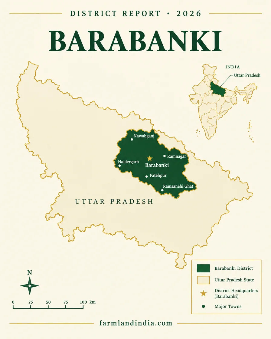 Locator map of Barabanki district in Uttar Pradesh showing Barabanki, Fatehpur, Ramnagar, Nawabganj, Haidergarh, Ramsanehi Ghat