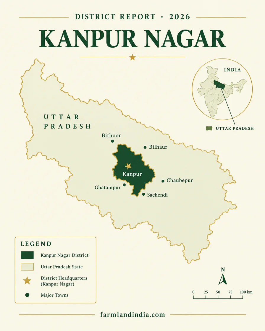 Locator map of Kanpur Nagar district in Uttar Pradesh showing the main towns and tehsils