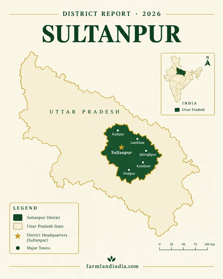 Locator map of Sultanpur district in Uttar Pradesh showing Sultanpur, Kadipur, Lambhua, Jaisinghpur, Kurebhar, Dostpur