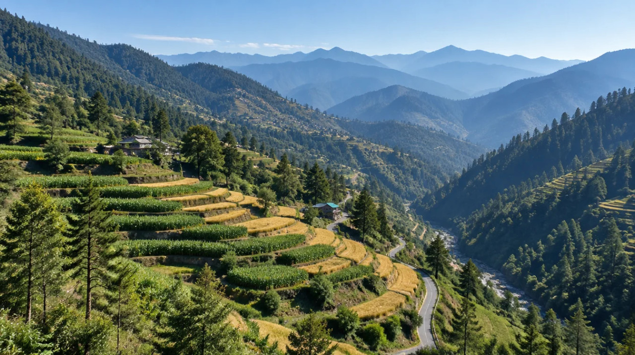 Aerial view of agricultural land and farm fields near Hamirpur, Himachal Pradesh