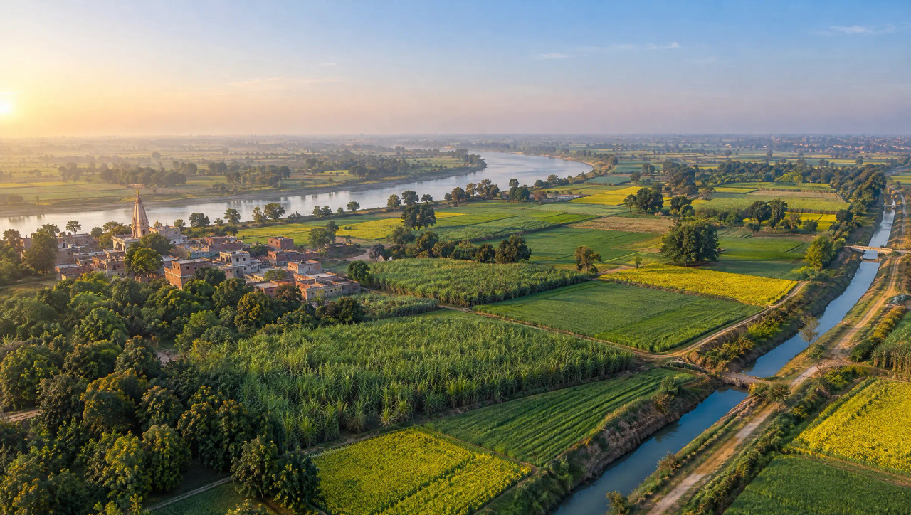erial view of yellow mustard and green wheat fields in Haryana, with a concrete irrigation channel, a tubewell and eucalyptus boundary rows.