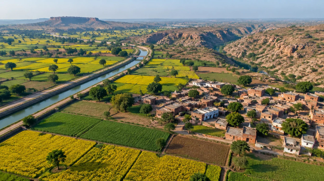 Aerial view of agricultural land and farm fields near Dholpur, Rajasthan