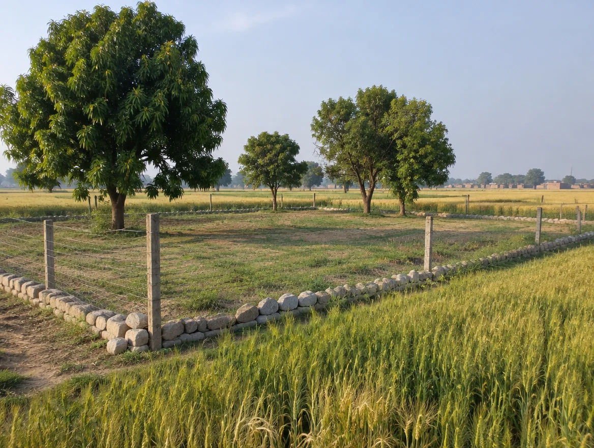Fenced farm plot with boundary stones in Bahraich district, Uttar Pradesh