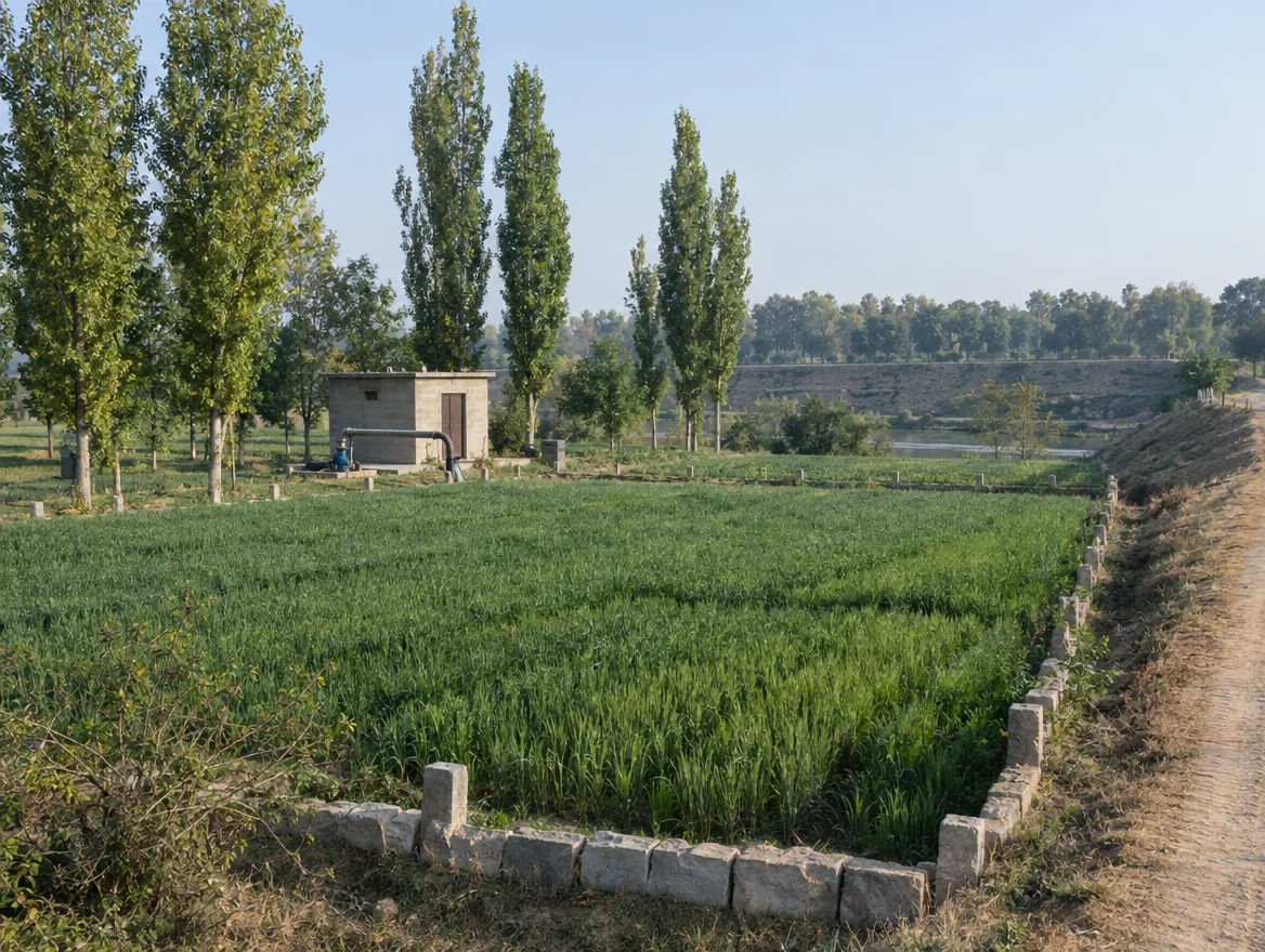 Fenced farm plot on higher ground in the Najafgarh area, South West Delhi