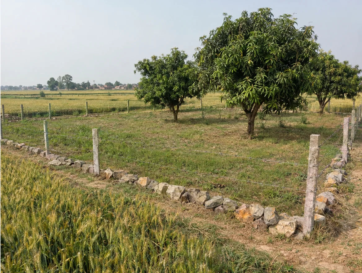 Fenced farm plot with boundary stones in Prayagraj district, Uttar Pradesh
