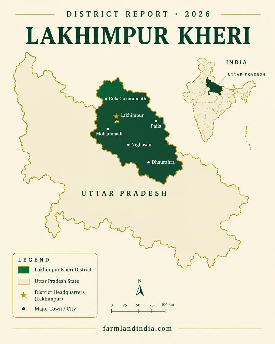 Locator map of Lakhimpur Kheri district in Uttar Pradesh showing Lakhimpur, Gola Gokarannath, Palia, Mohammadi, Nighasan, Dhaurahra