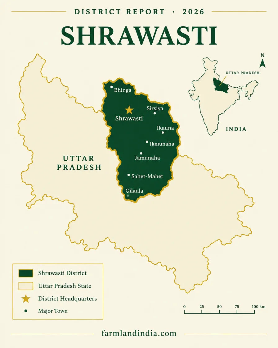 Locator map of Shrawasti district in Uttar Pradesh showing Bhinga, Sirsiya, Ikauna, Jamunaha, Sahet-Mahet, Gilaula