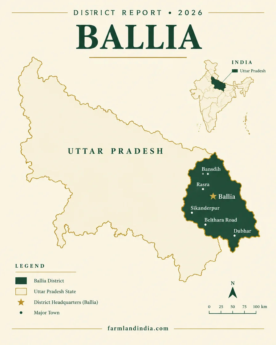 Locator map of Ballia district in Uttar Pradesh showing Ballia, Bansdih, Rasra, Sikanderpur, Belthara Road, Dubhar
