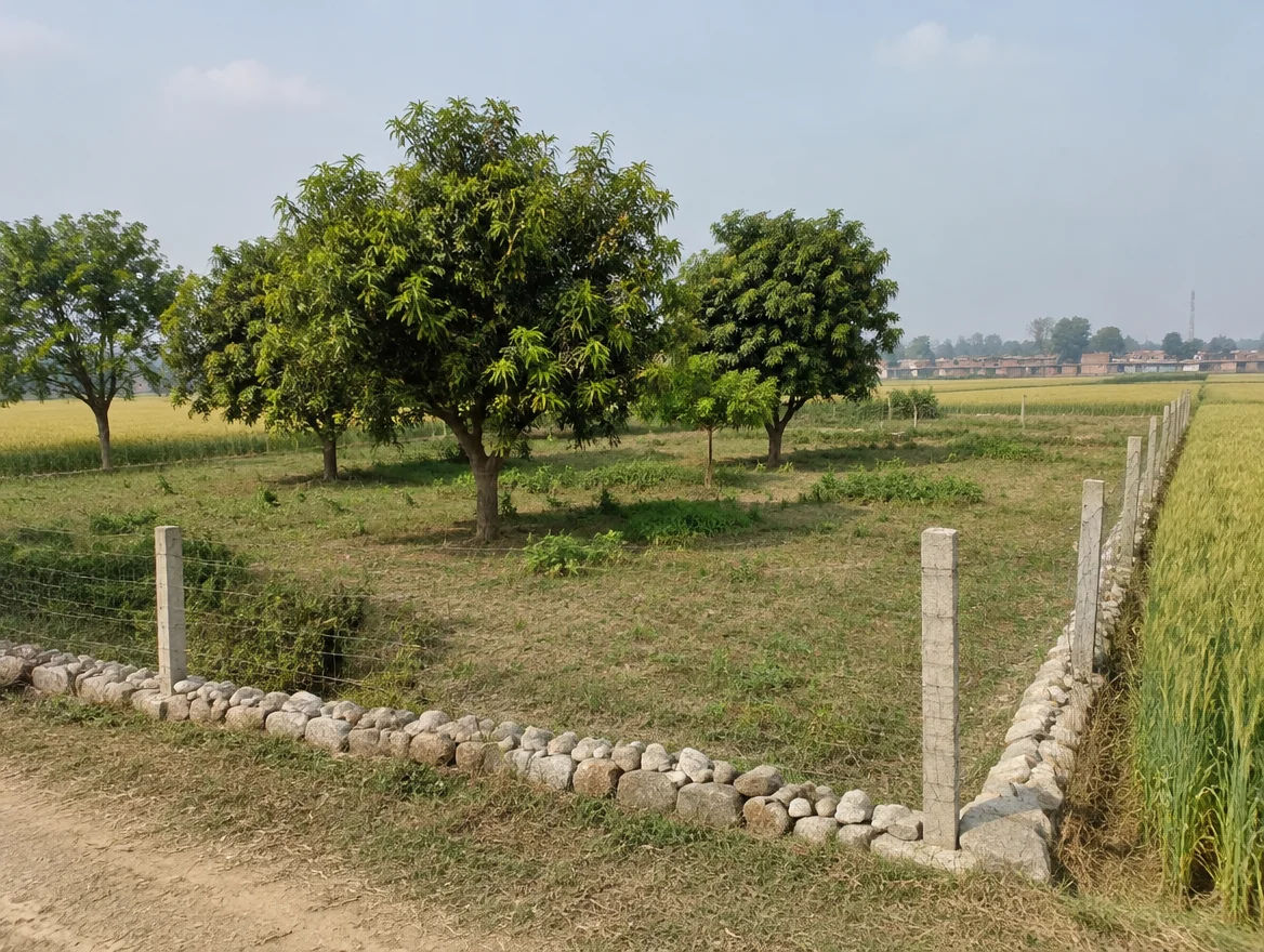 Fenced farm plot with boundary stones in Chandauli district, Uttar Pradesh