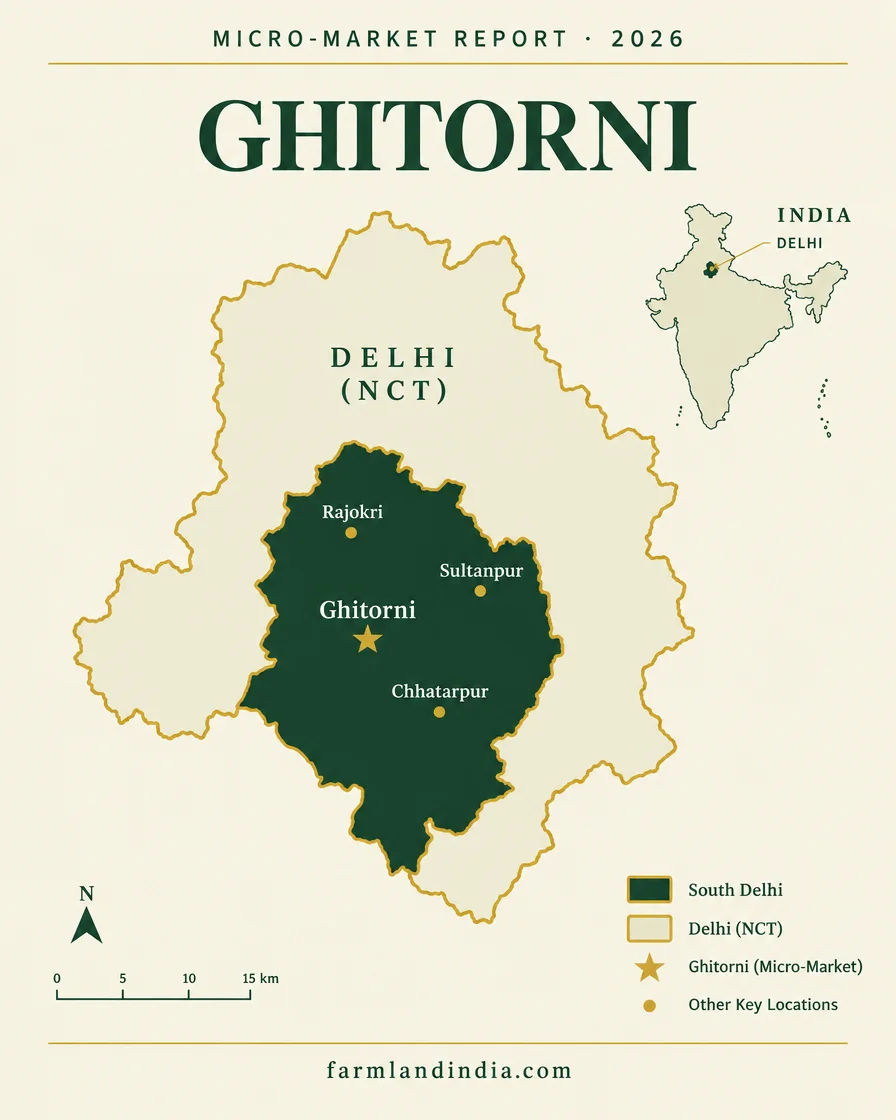 Locator map of Ghitorni in South Delhi showing Ghitorni, Sultanpur, Chhatarpur, Rajokri