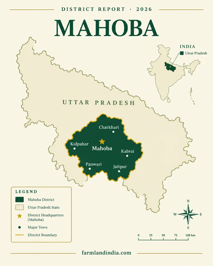 Locator map of Mahoba district in Uttar Pradesh showing Mahoba, Charkhari, Kulpahar, Kabrai, Panwari, Jaitpur
