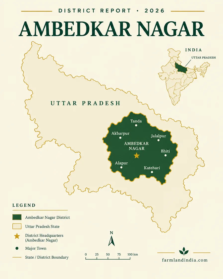 Locator map of Ambedkar Nagar district in Uttar Pradesh showing Akbarpur, Tanda, Jalalpur, Bhiti, Katehari, Alapur