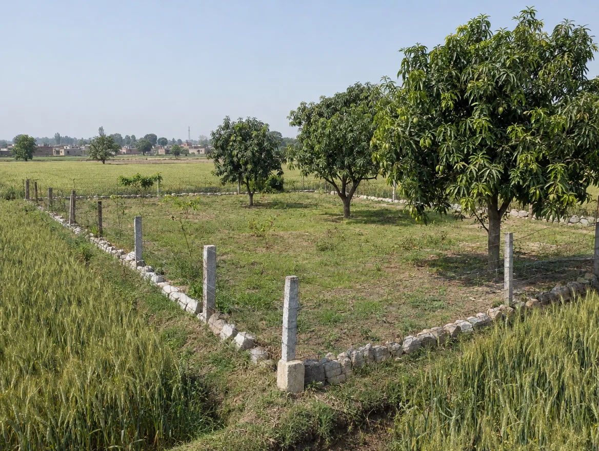 Fenced farm plot with boundary stones in Meerut district, Uttar Pradesh