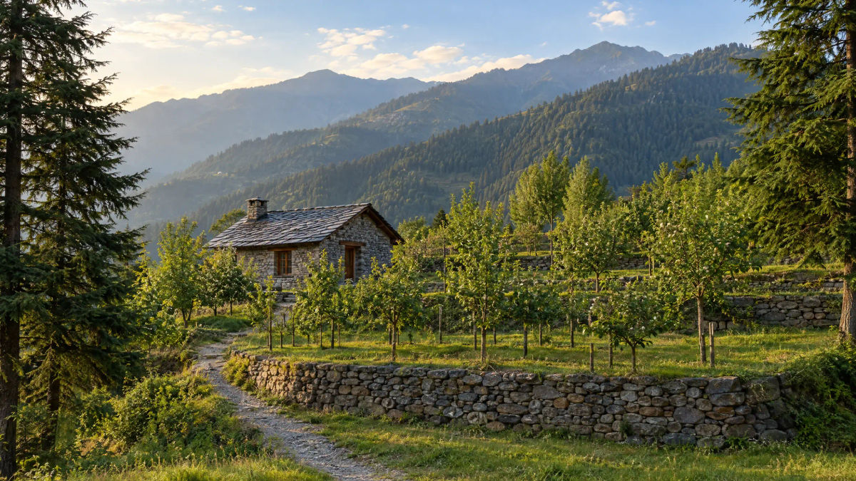 Orchard land plot near Kullu, Himachal Pradesh, with young apple trees on a dry-stone terrace and a small slate-roofed stone cottage.