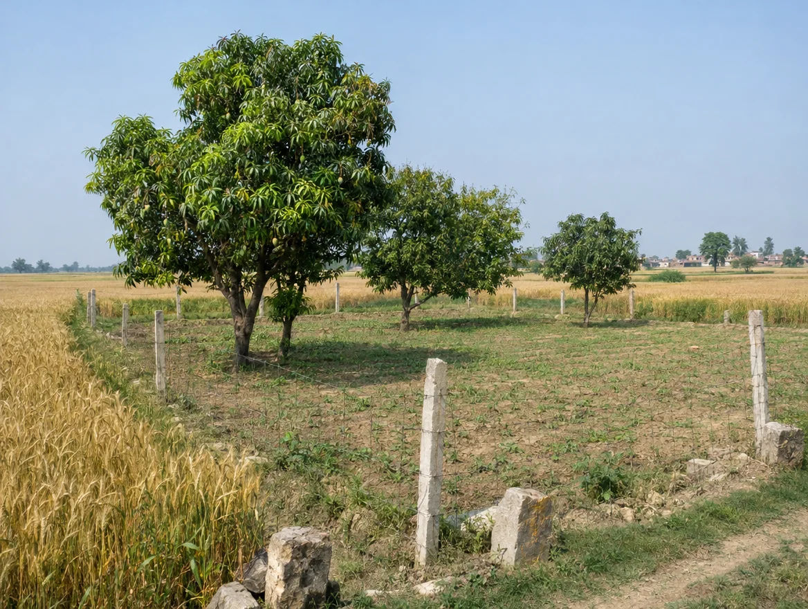 Fenced farm plot with boundary stones in Muzaffarnagar district, Uttar Pradesh