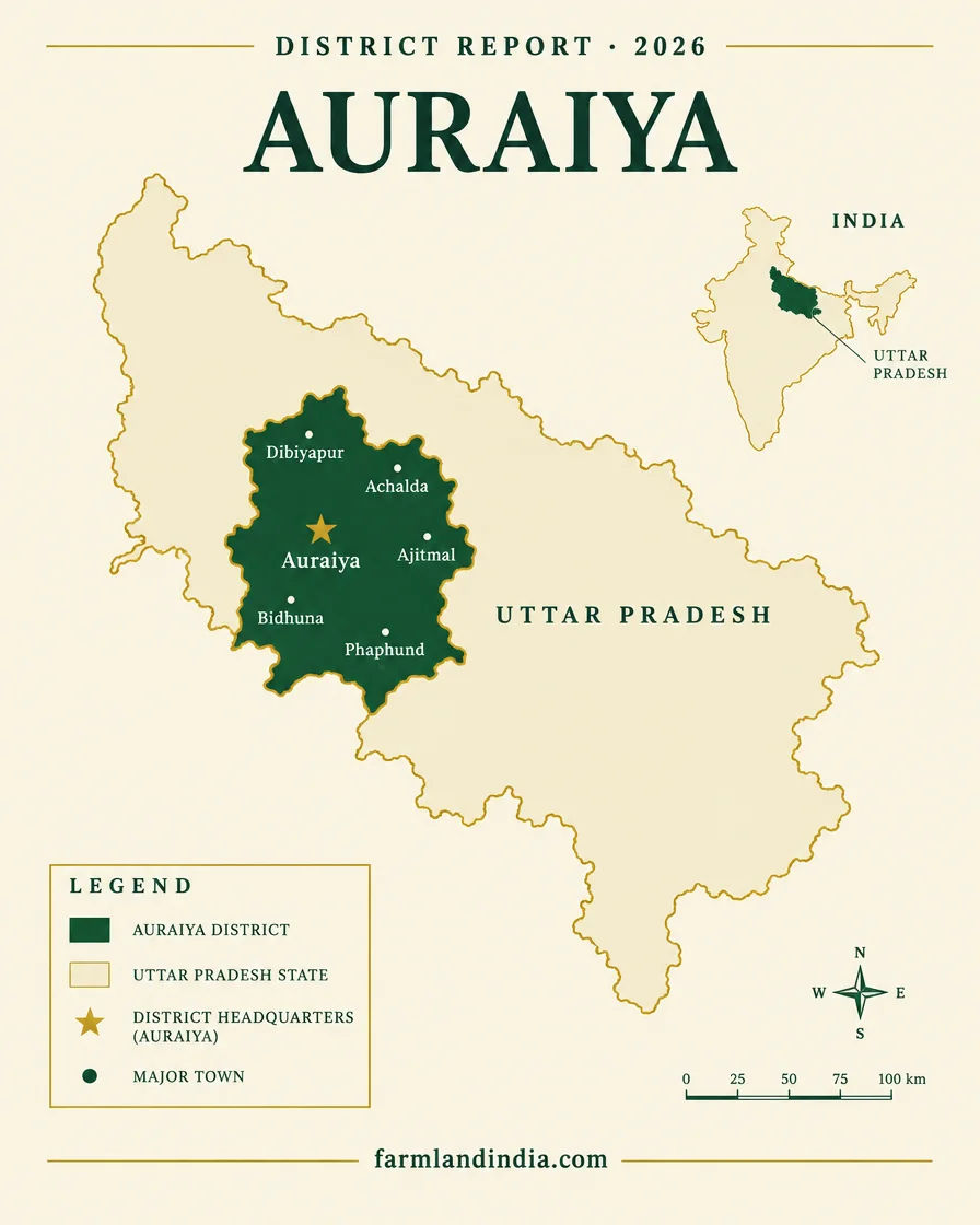 Locator map of Auraiya district in Uttar Pradesh showing Auraiya, Bidhuna, Dibiyapur, Achalda, Ajitmal, Phaphund