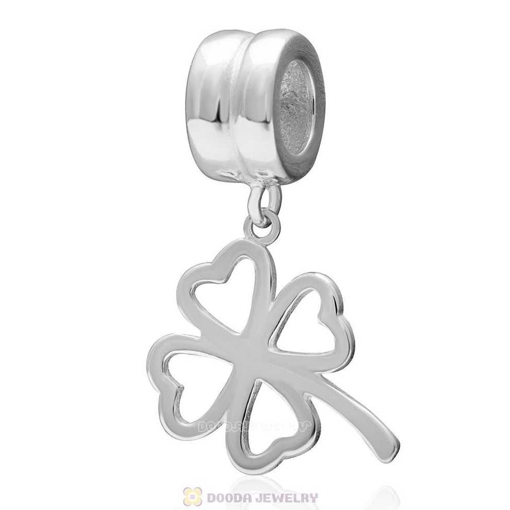 925 Sterling Silver Lucky Four Leaf Clover Dangle Pendant European In Most Current Lucky Four Leaf Clover Dangle Charm Necklaces (Photo 16 of 25)