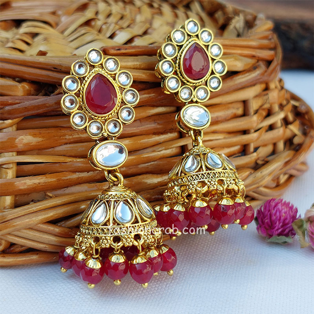 Indian Bollywood Style Mouli Jhumka Earrings - Maroon