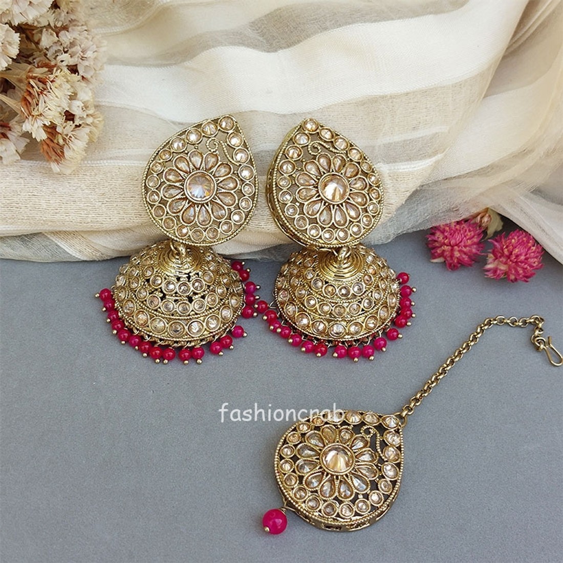 Indian Bollywood Style Hina Jhumka Earring and Tikka Set – Pink