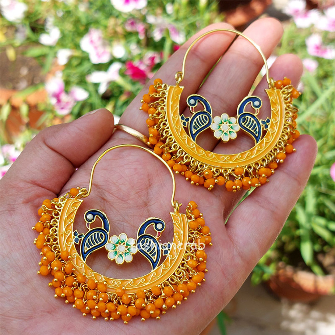 Indian Bollywood Style Orange Pearl Hoop Earrings for Lehenga