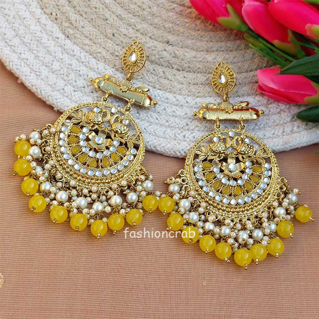 Indian Bollywood Style Yellow Pearl Long Chandbali Earring for Party