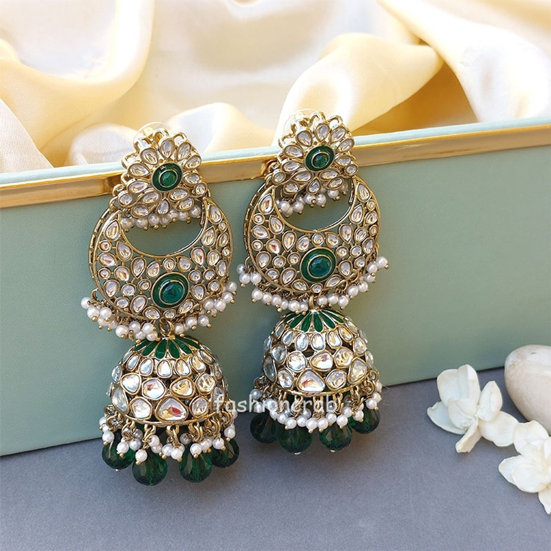 Indian Bollywood Style Soundarya Kundan Jhumka Earrings - Green