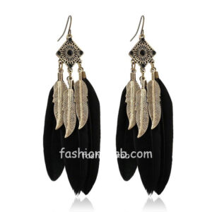 Black Feather Drop Long Earrings for Women
