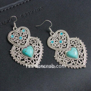 Double Heart Shaped Turquoise Stone Dangle Earrings